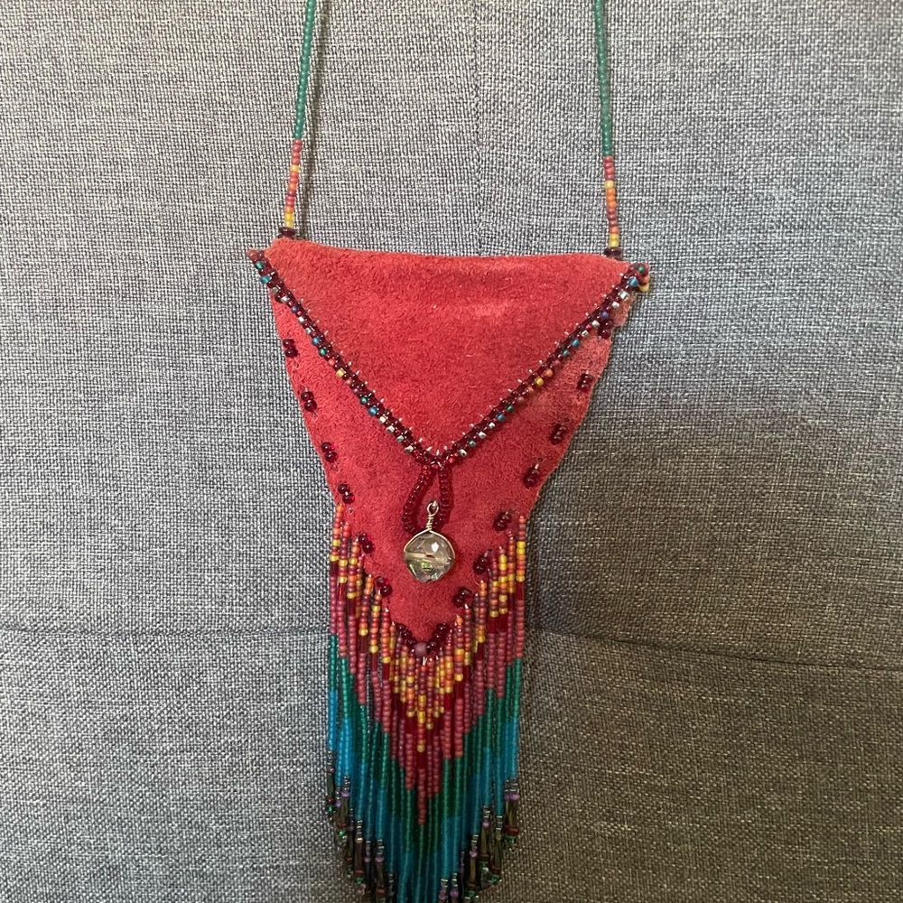 Red suede beaded amulet necklace